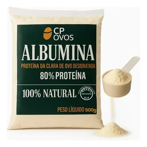 Pacote bege da Albumina CP Ovos 500 g, 80% proteína, ao lado de um medidor com pó