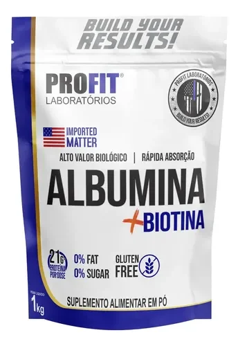 Pacote branco e azul da Albumina Profit Labs 1 kg com a inscrição + Biotina