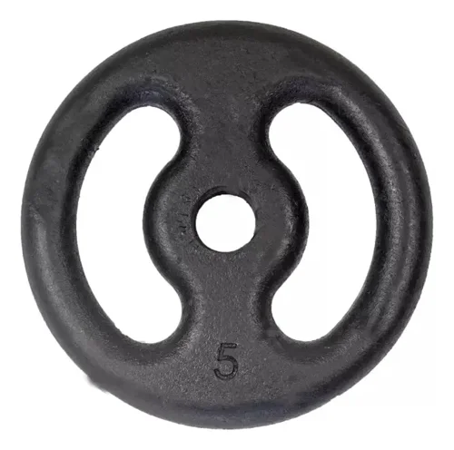 Anilha de ferro fundido pintada de preto KL Master Fitness, 5 kg, com duas aberturas vazadas e furo central