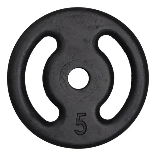 Anilha de ferro fundido pintada de preto WM Max, 5 kg, com duas aberturas vazadas e furo central