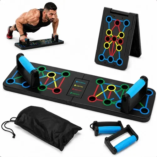 Prancha de flexão PROHAND 15 em 1 com encaixes coloridos, pegadas azuis e bolsa