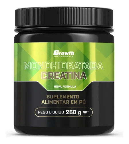 Pote preto com rótulo verde da Creatina Monohidratada Growth Supplements, suplemento alimentar em pó, peso líquido 250 g