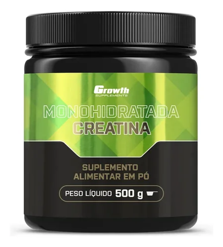 Pote preto com rótulo verde da Creatina Monohidratada Growth Supplements, suplemento alimentar em pó, peso líquido 500 g