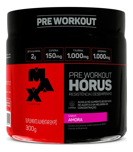 Pote preto do pré-treino Hórus da Max Titanium, sabor amora, 300 g, com a tabela de ativos no rótulo