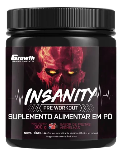 Pote preto do pré-treino Insanity da Growth Supplements, sabor frutas vermelhas, 300 g