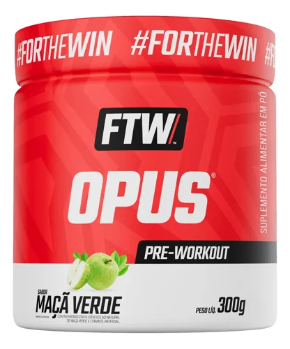 Pote vermelho e branco do pré-treino Opus da FTW, sabor maçã verde, 300 g