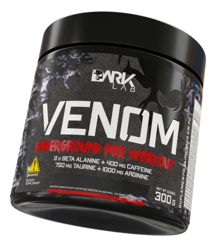Pote preto do pré-treino Venom da Dark Lab, 300 g, com rótulo prata e vermelho