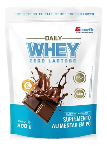 Embalagem branca e azul do Daily Whey Zero Lactose Growth, sabor chocolate, 800 g