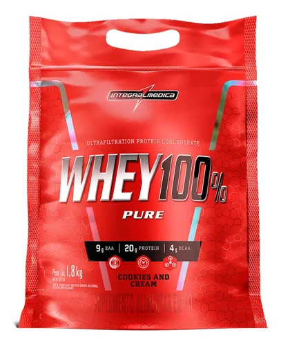 Pouch vermelho do Whey 100% Pure Integralmédica, sabor cookies and cream, 1,8 kg