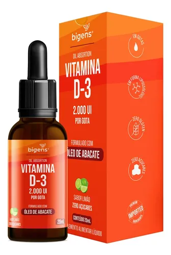 Frasco Vitamina D3 Bigens em gotas sabor limão 2000 UI por gota