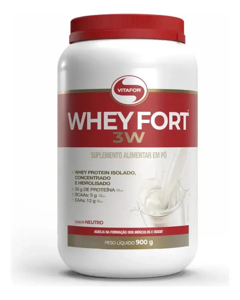 Pote de Whey Protein Vitafor Fort 3W 900 g sem sabor