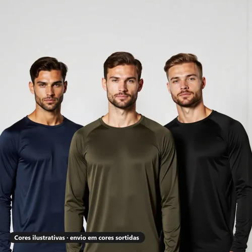 Três homens vestindo camisas térmicas de manga longa azul-marinho, verde-oliva e preta