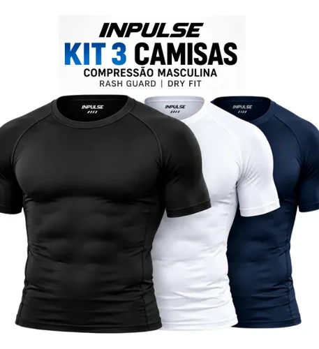 Três camisas de compressão Inpulse de manga curta, preta, branca e azul-marinho, com o texto Kit 3 camisas