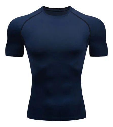 Camisa de compressão azul-marinho Inpulse de manga curta, com costuras aparentes, em fundo branco