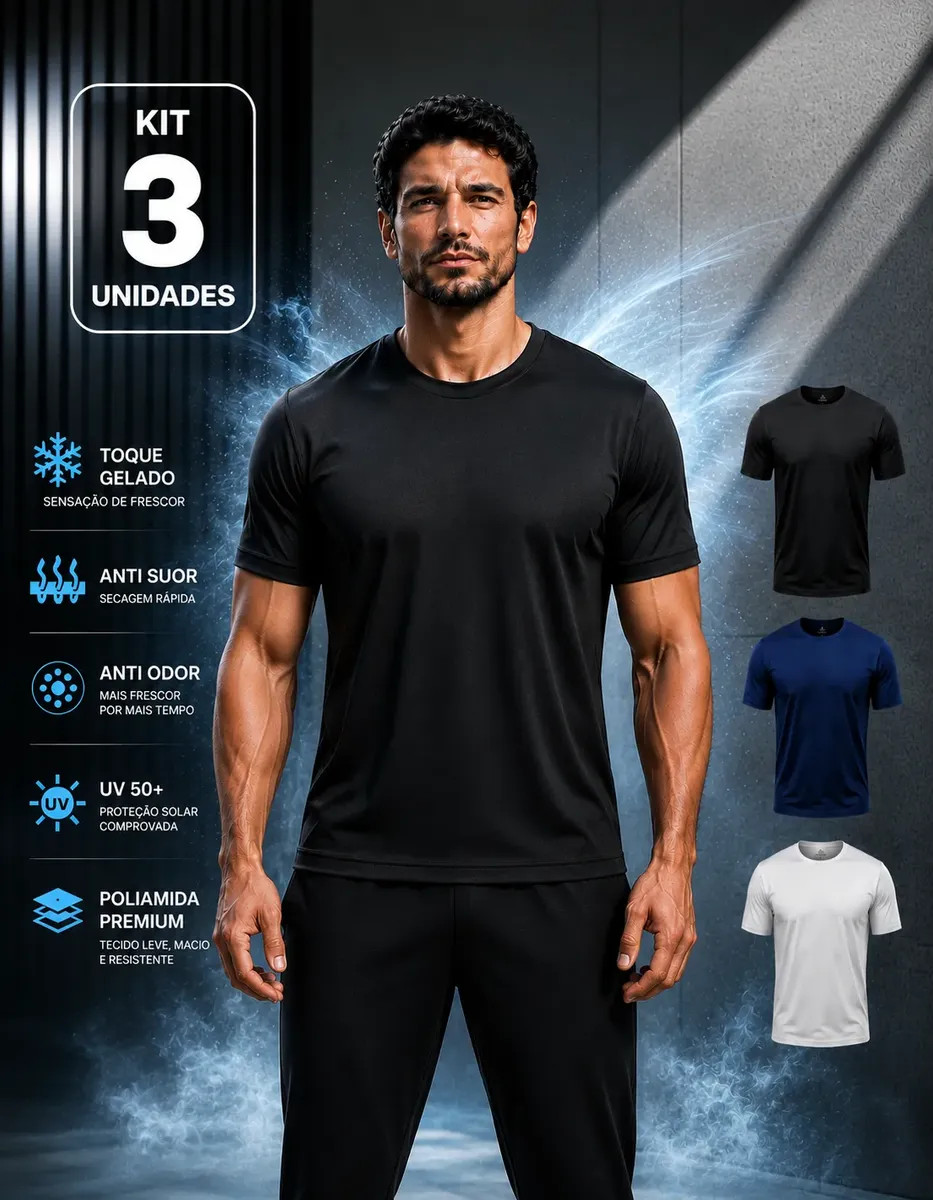 Kit 3 camisetas masculinas dry-fit poliamida Premium Ice Touch Dnanos