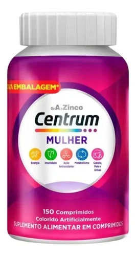 Frasco rosa-magenta do Centrum Mulher, de A a Zinco, com 150 comprimidos