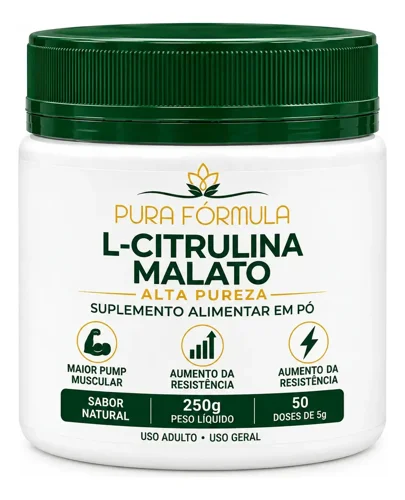 Pote branco de tampa verde da L-citrulina malato Pura Fórmula, 250 g, sabor natural