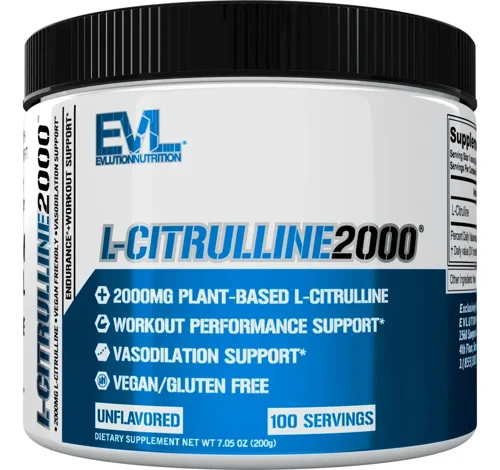 Pote branco de tampa azul da EVL L-Citrulline 2000, sem sabor, 100 porções