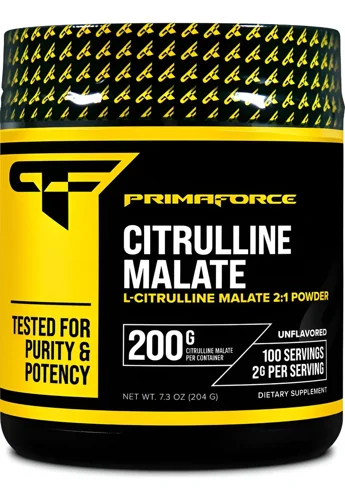 Pote preto de faixa amarela da Primaforce Citrulline Malate, 200 g, sem sabor, 100 porções