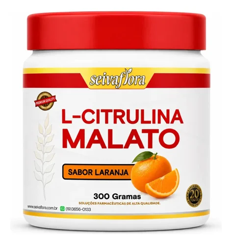 Pote branco de tampa vermelha da L-citrulina malato Seivaflora, 300 g, sabor laranja, com laranjas no rótulo