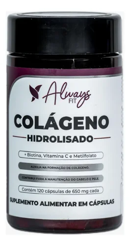 Pote escuro do colágeno hidrolisado Always Fit em cápsulas, com rótulo branco