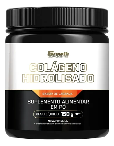 Pote preto e branco do colágeno hidrolisado em pó Growth Supplements 150 g, sabor laranja
