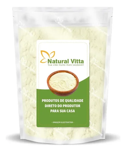 Pacote transparente com colágeno em pó e rótulo verde Natural Vitta