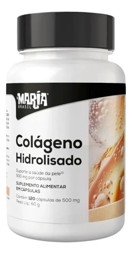 Pote branco de colágeno hidrolisado em cápsulas com tampa preta e rótulo branco e laranja