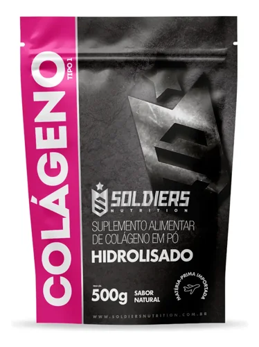 Embalagem preta e rosa do colágeno hidrolisado em pó Soldiers Nutrition 500 g, sabor natural