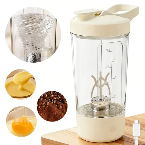 Coqueteleira elétrica translúcida com base bege e tampa creme, ao lado de imagens de ingredientes