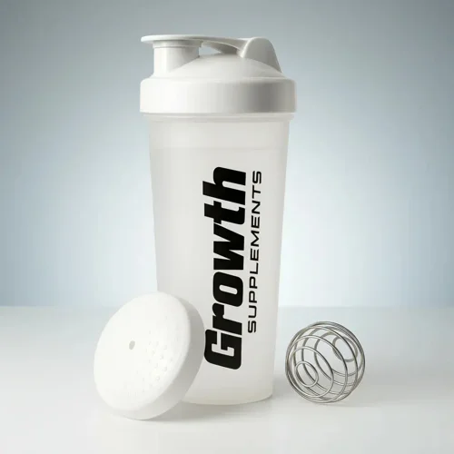 Coqueteleira branca translúcida Growth Supplements de 600 ml com a mola de aço ao lado