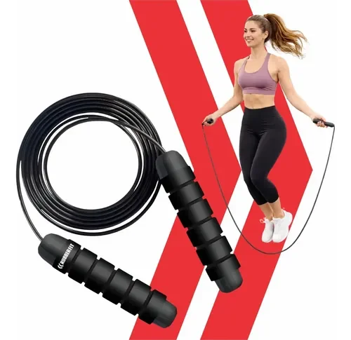 Corda de pular speed rope Rubber Fit preta com cabo de aço e cabos com rolamento