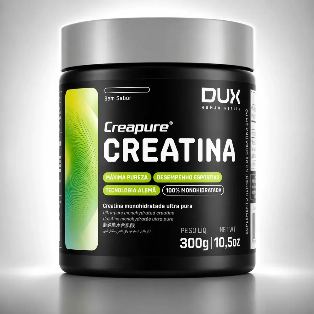 Pote preto de tampa cinza da Creatina Dux Nutrition Creapure 300 g, em fundo cinza claro