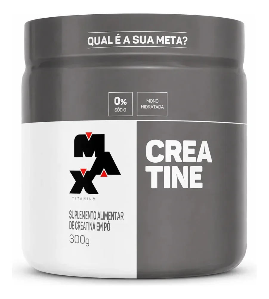 Pote branco e cinza da Creatina Max Titanium 300 g, com “0% açúcar” na tampa