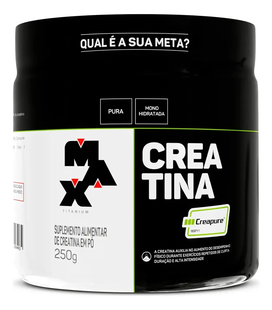 Pote branco e preto da Creatina Max Titanium 250 g com o selo Creapure visível no rótulo