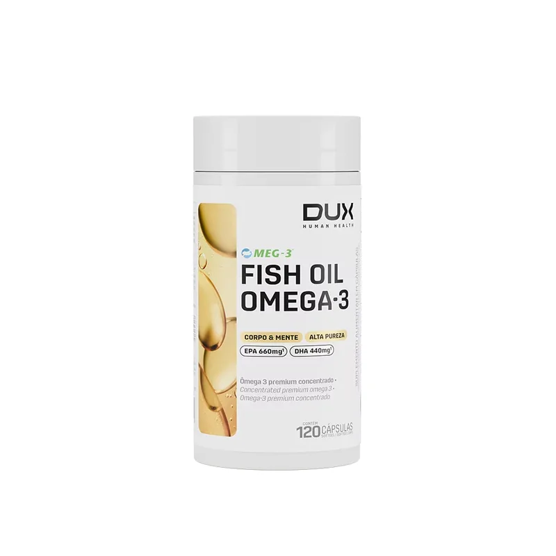 Pote branco do Dux Fish Oil Ômega-3 com 120 cápsulas, tampa dourada e rótulo com cápsulas ilustradas
