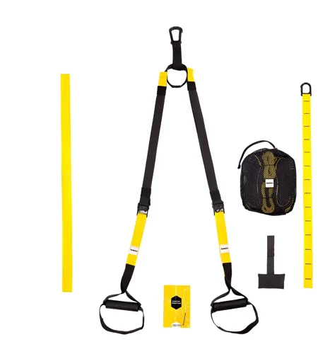 Kit de fita de suspensão amarela e preta com mosquetão, manoplas pretas, bolsa verde-oliva, âncora de porta e duas extensoras