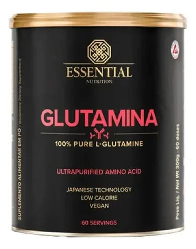 Lata preta da Glutamina Essential Nutrition 300 g, com a inscrição 100% Pure L-Glutamine