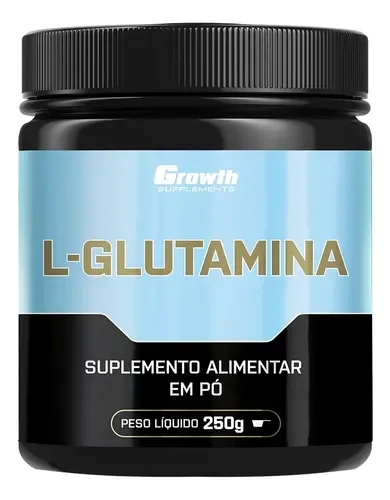 Pote preto com rótulo azul-claro da L-Glutamina Growth Supplements 250 g