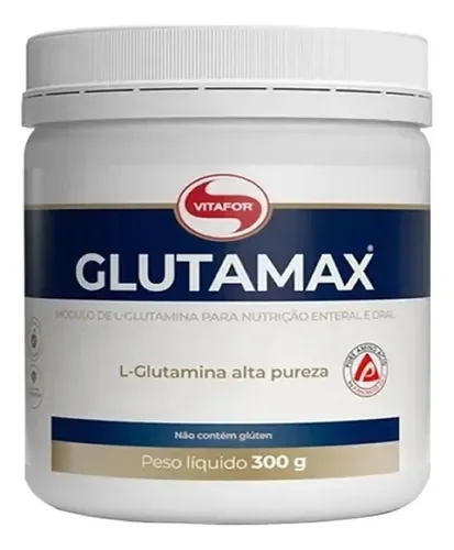 Pote branco com tampa azul do Glutamax Vitafor, L-glutamina 300 g