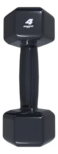Halter emborrachado preto RMG8 FIT de 4 kg, hexagonal, em pé, com o número 4 na cabeça