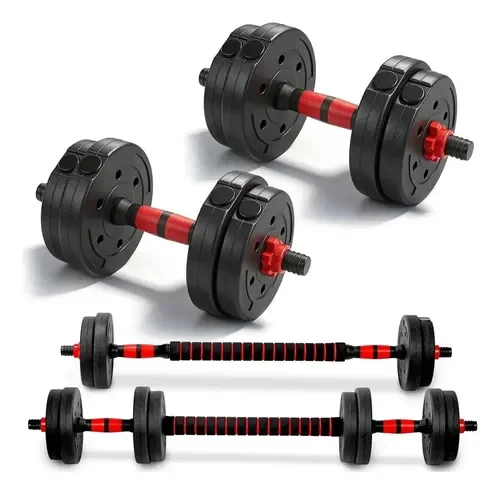 Kit Consport 10 kg com dois halteres, barra reta acolchoada e anilhas de ABS