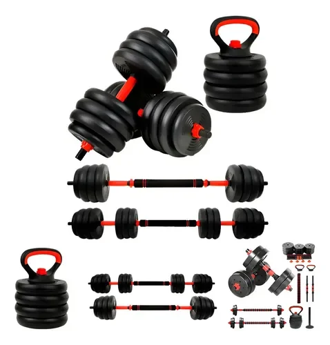 Kit Gmax 6 em 1 vermelho e preto com halteres, conector de barra, anilhas e alças de kettlebell