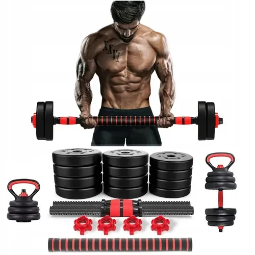Kit Knack vermelho e preto com halteres, barra, anilhas e alça de kettlebell, 15 kg