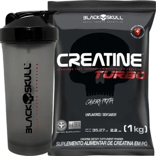 Pacote de Creatine Turbo Black Skull 1 kg com coqueteleira cinza