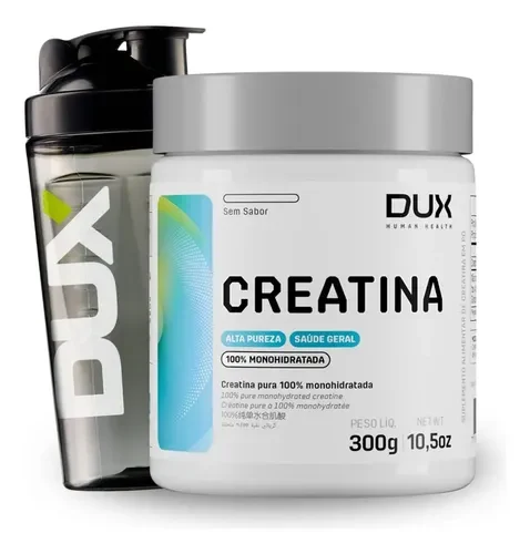 Pote de creatina Dux 300 g ao lado da coqueteleira Dux Pro de 800 ml