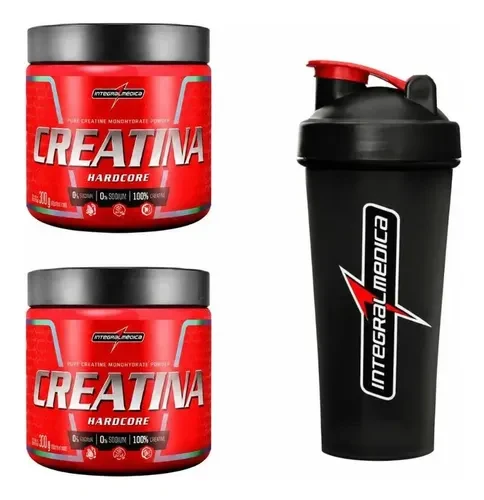 Dois potes de creatina Integralmedica 300 g e coqueteleira preta de 600 ml