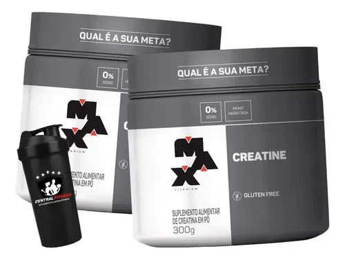 Duas embalagens de creatina Max Titanium com coqueteleira