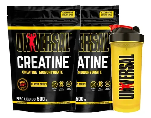 Dois refis de creatina monohidratada Universal Nutrition 500 g com coqueteleira amarela