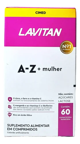 Caixa branca com faixa magenta do Lavitan A-Z + mulher, com 60 comprimidos revestidos